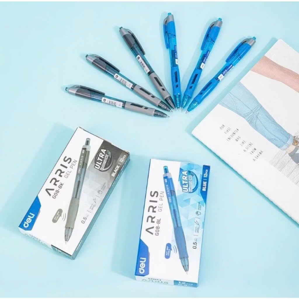 Combo 3/6/9/12 Cây  Bút Gel bấm DELI G08 ARRIS Ngòi 0.5mm, mực xanh dương