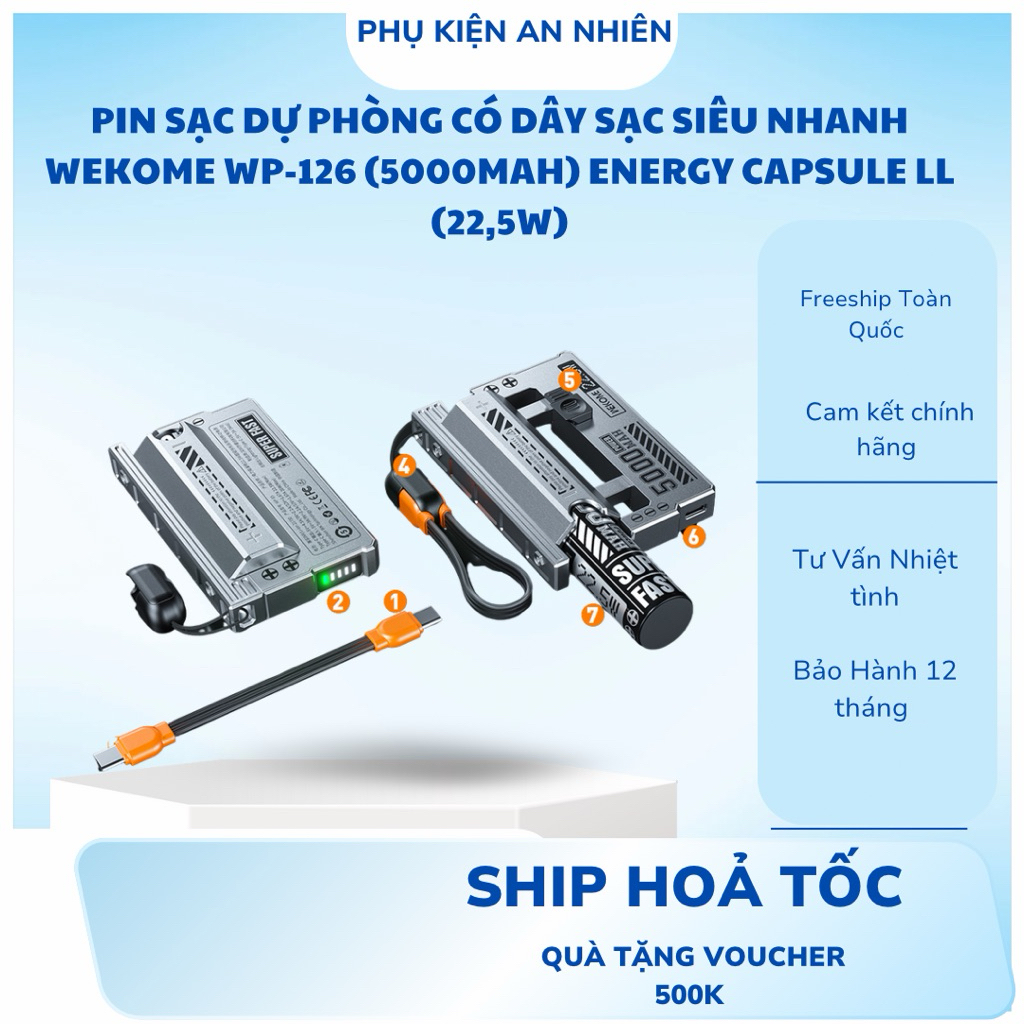 Pin Sạc dự phòng có dây sạc siêu nhanh WEKOME WP-126 (5000mAh) Energy Capsule ll (22,5W)