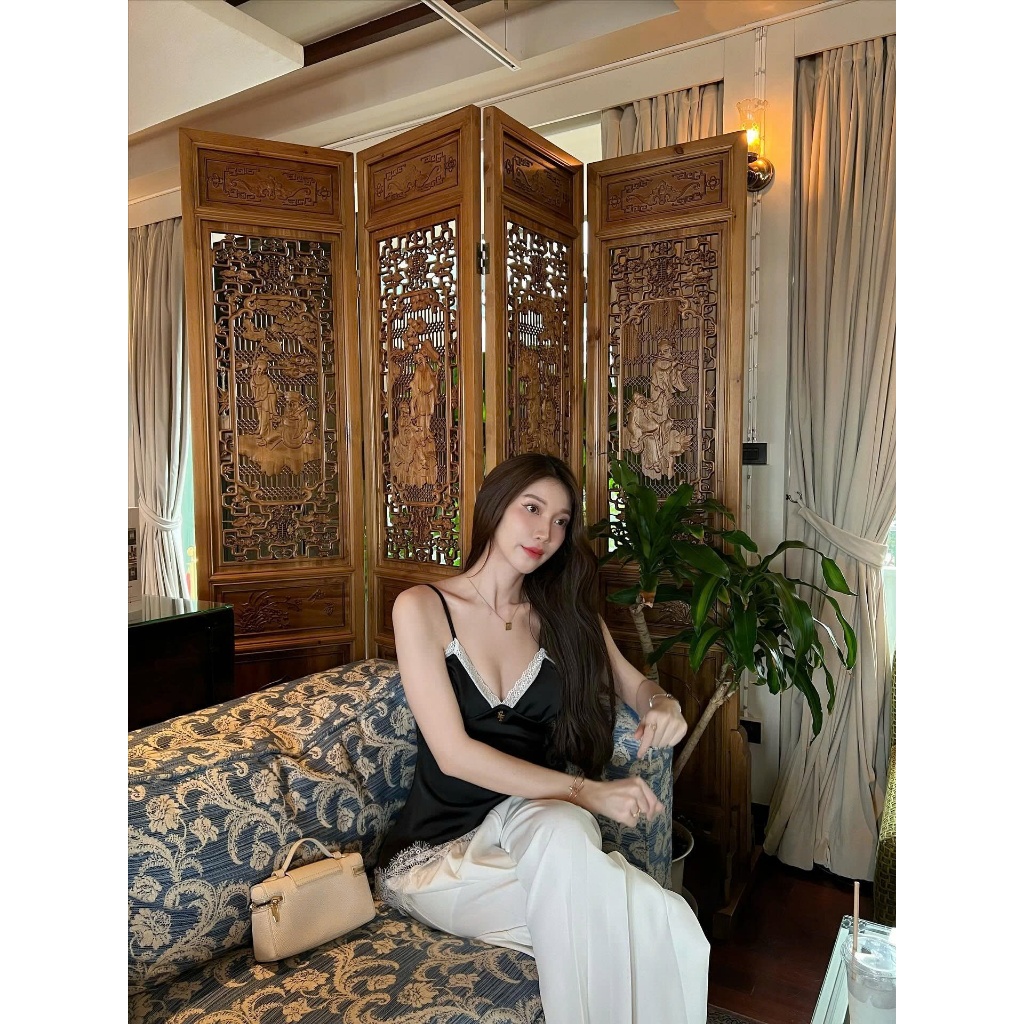 Áo Lụa 2s Phối Ren  SANJOLI Áo Dây Viền Ren Gợi Cảm Sang Trọng Quyến Rũ Dự Tiệc Cao Cấp Nữ AO021 | BigBuy360 - bigbuy360.vn