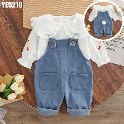 Set Áo Sơ Mi Tay Dài Cổ Bèo Thêu Thỏ Yếm Quần Jean Cho Bé Gái 1-5 Tuổi MINTSCLOSET Quảng Châu YE5219