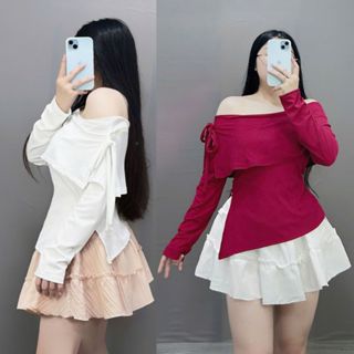  Set bộ Bigsize Nữ áo thun tay dài trễ vai cột nơ vạt chéo chân váy dáng A eo co giãn nhún bèo có bảo hộ- SET942 