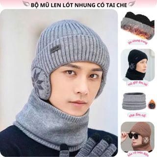  Bộ mũ len kèm khăn quàng cổ và bịt tai ấm lót lông cho nam và nữ Set mũ khăn len dệt cao cấp giữ ấm cực tốt mùa đông 