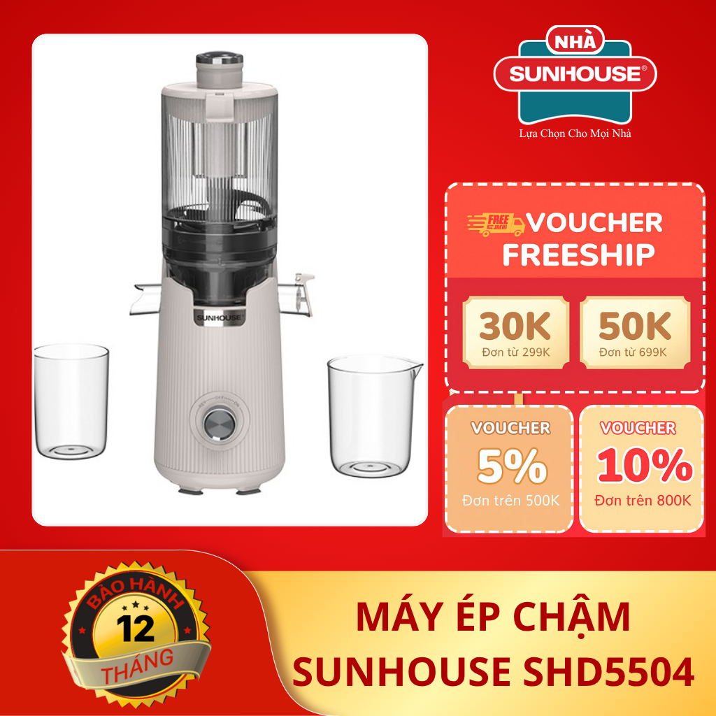 Máy ép chậm công suất 600W SUNHOUSE SHD5504, ép kiệt bã, làm kem trái cây, cối lọc 2 tầng