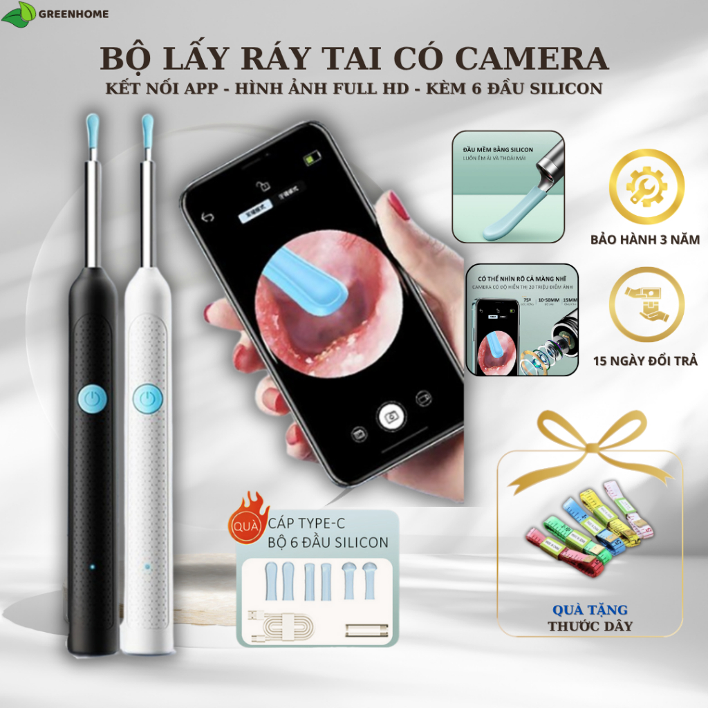 Bộ Lấy Ráy Tai Có Camera Full HD – Kết Nối App, Đầu Silicon Mềm, Chống Nước, Kèm 6 Đầu Thay, Bảo Hàn