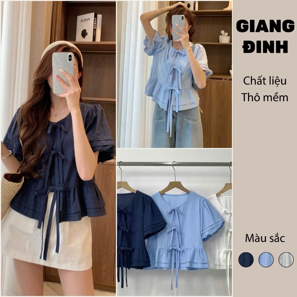 Áo Babydoll Dây Buộc Tay Bồng Xếp Ly Bèo Dưới GIANG ĐINH ĐINH MA3063