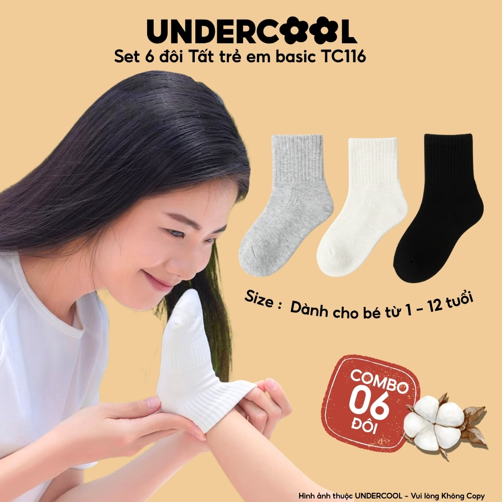 Combo 6 đôi Tất Trẻ Em Basic UNDERCOOL Chất Cotton co giãn, Thoáng Khí, Chống Tụt | Dành Cho Bé 1-12 Tuổi TC116