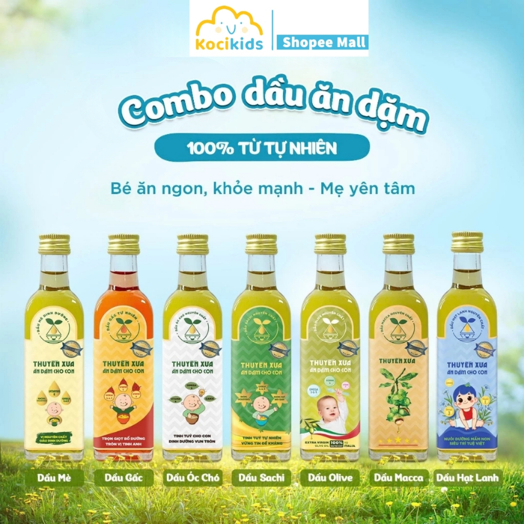 [Combo] Dầu Mè - Gấc - Óc Chó - Sachi - Olive - Macca - Cá Hồi Ăn Dặm Thuyền Xưa - 65ml