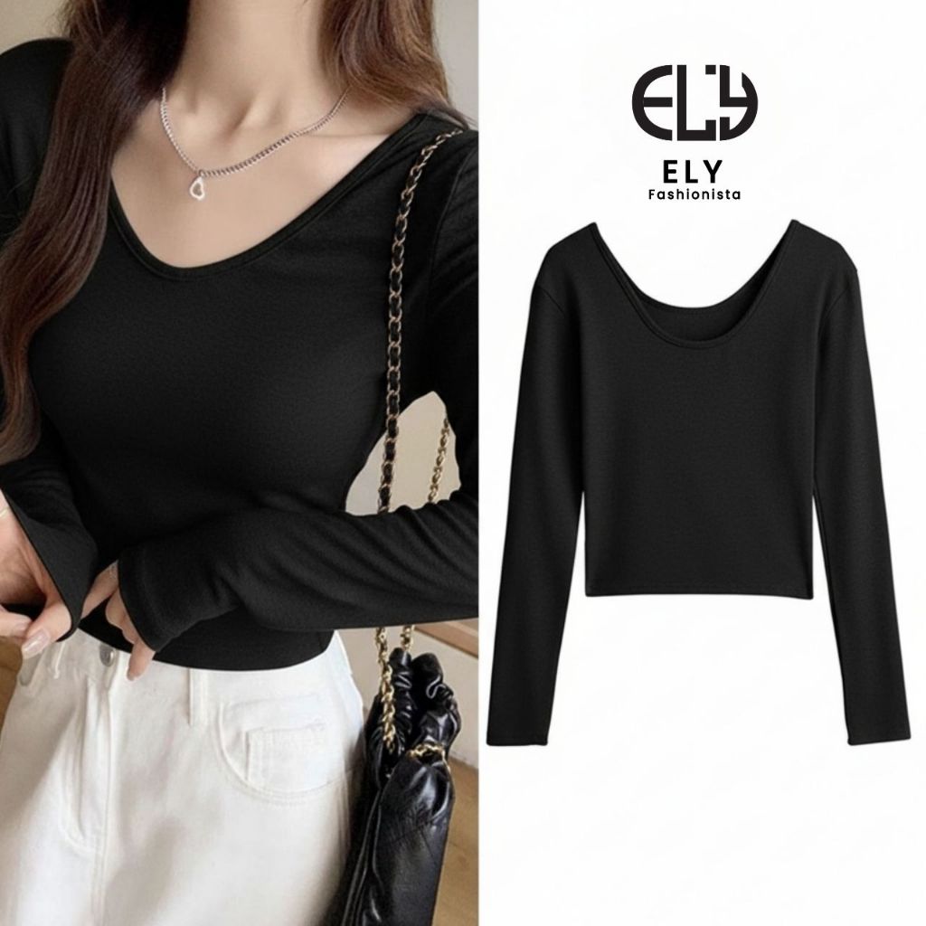 Áo thun nữ tay dài croptop cổ tim ELY chất cotton dẻo cao cấp áo croptop nữ kiểu ôm body đẹp ELY290 | BigBuy360 - bigbuy360.vn