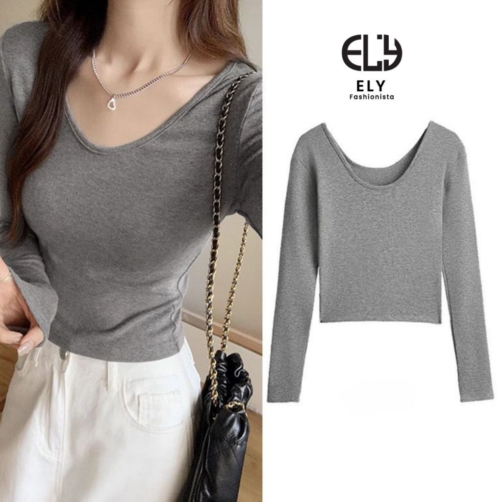 Áo thun nữ tay dài croptop cổ tim ELY chất cotton dẻo cao cấp áo croptop nữ kiểu ôm body đẹp ELY290 | BigBuy360 - bigbuy360.vn