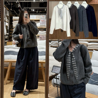   Steezy  Áo khoác cardigan len lông cừu dày phối cổ khăn chấm bi form rộng áo khoác len dài tay thu đông cho nữ KC2436 