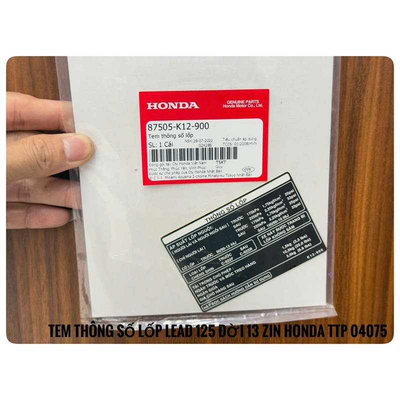 Tem thông số lốp Lead 125 đời 2013 ( Miếng ) 87505K12900