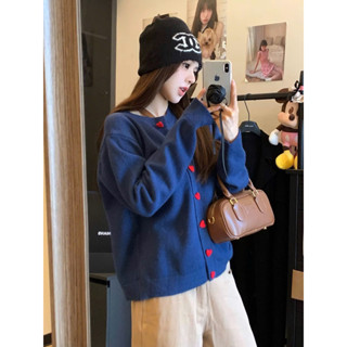  SẴN 12XL  BIGSIZE L-4XL  Áo Khoác Cardigan Bigsize Nữ Len Dệt Kim Màu Xanh Navy Phối Cúc Trái Tim Đỏ Thiết Kế Dễ Thương 