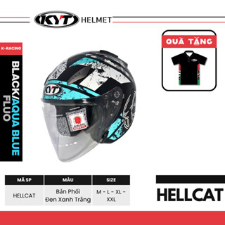  KYT Nón Bảo Hiểm 3 4 HELLCAT K-RACING BLACK AQUA BLUE FLUO - Kính Polycarbonate Chống Trầy Chống Tia UV Tiêu Chuẩn 