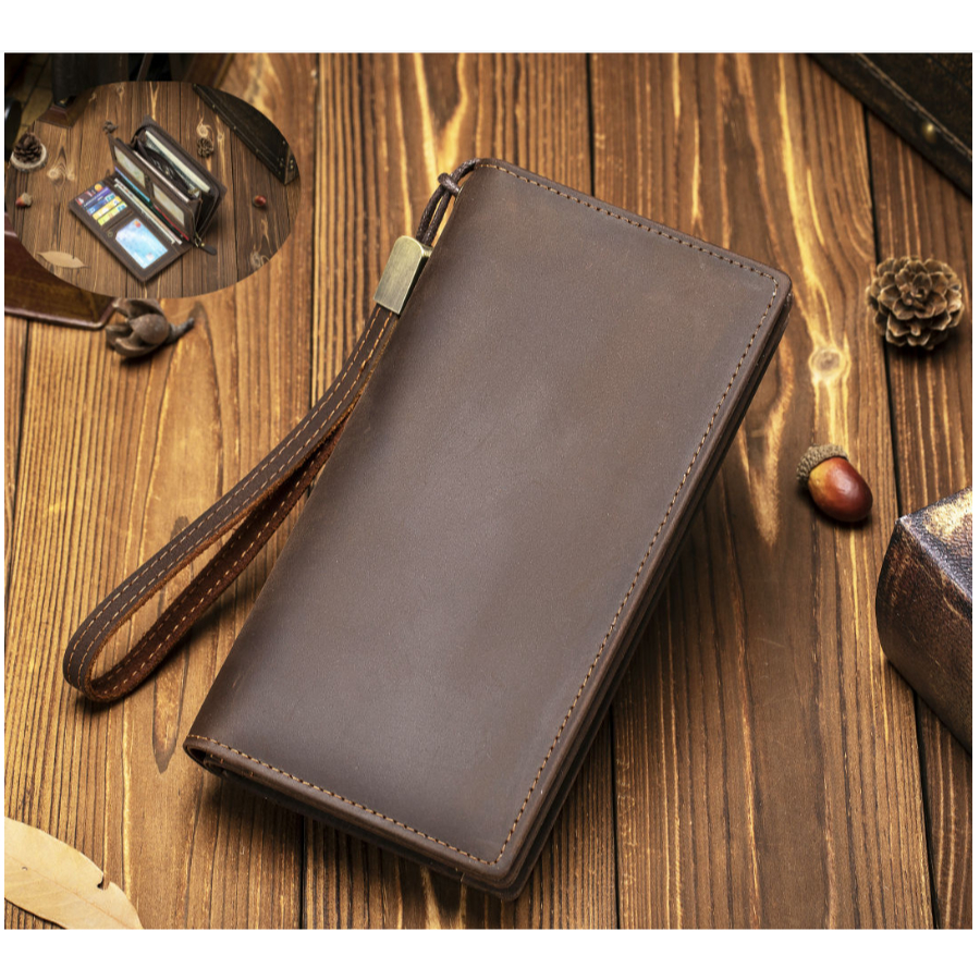 Ví cầm tay nam dài da ngựa điên mới Túi cầm tay công sở có khóa kéo 100% da thật cao cấp