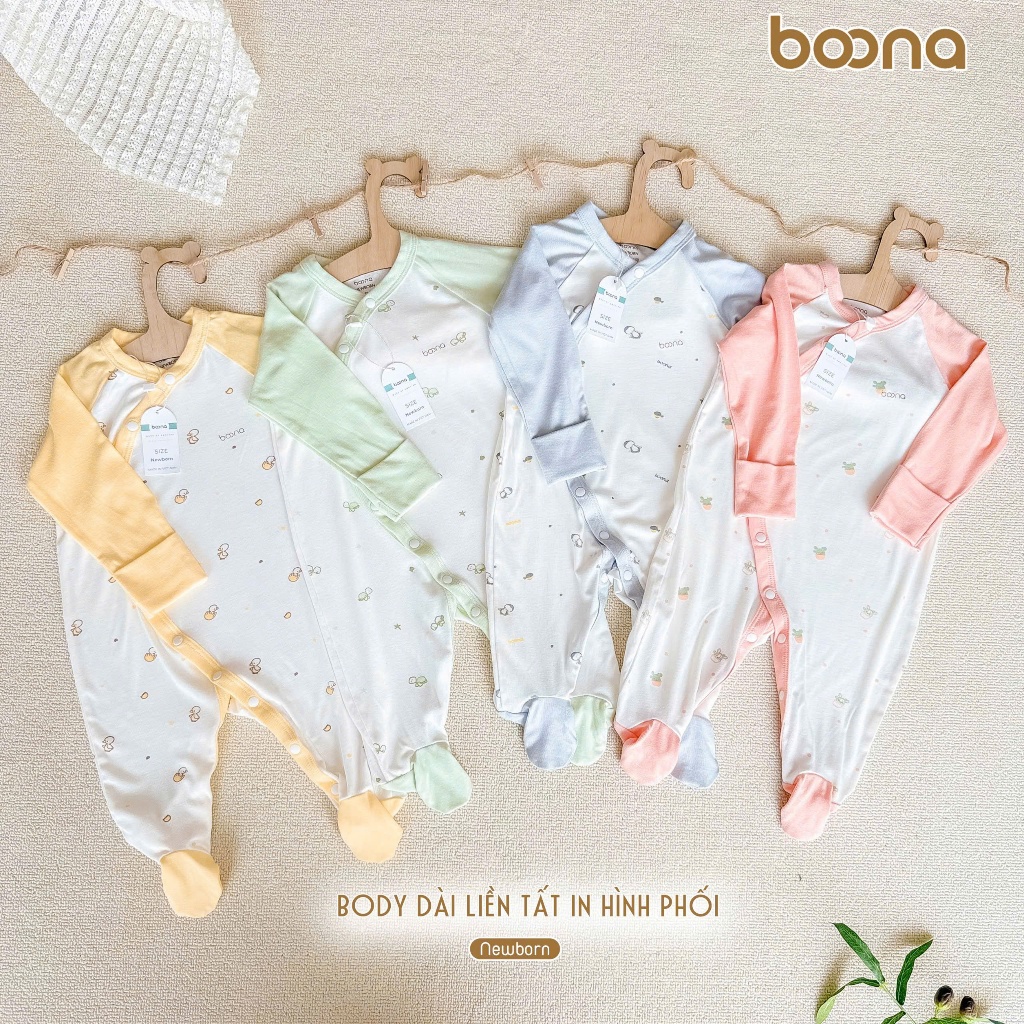 Body dài tay liền tất Boona - Bộ body sơ sinh cho bé chất liệu Petit mềm mại, co giãn, thoáng mát