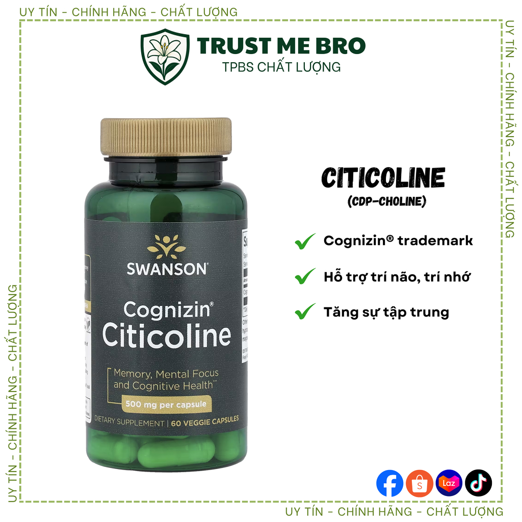 ✅Viên uống Citicoline 500mg Cognizin® CDP-Choline Swanson • Hỗ trợ trí não, trí nhớ, tăng sự tập tru