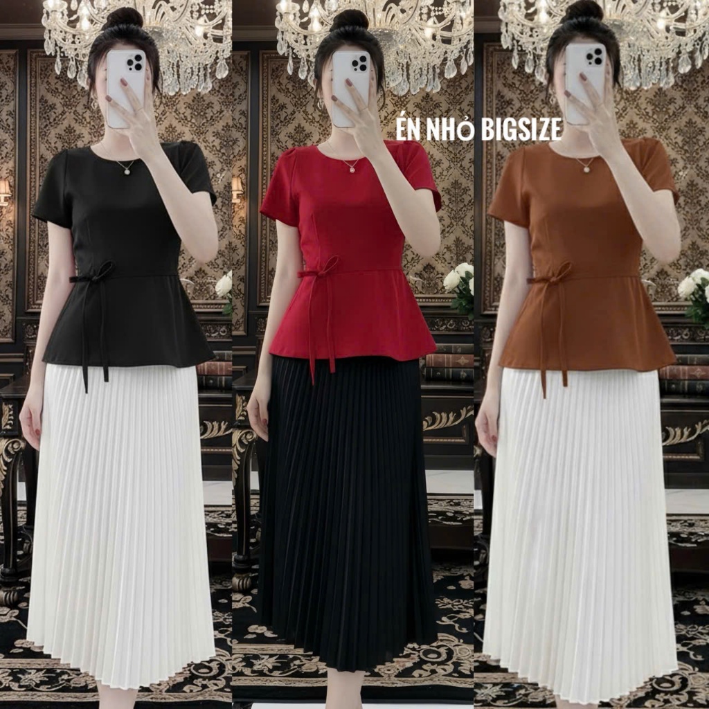 Set Áo Cổ Tròn Cột Nơ và Chân Váy Xếp Ly Bigsize