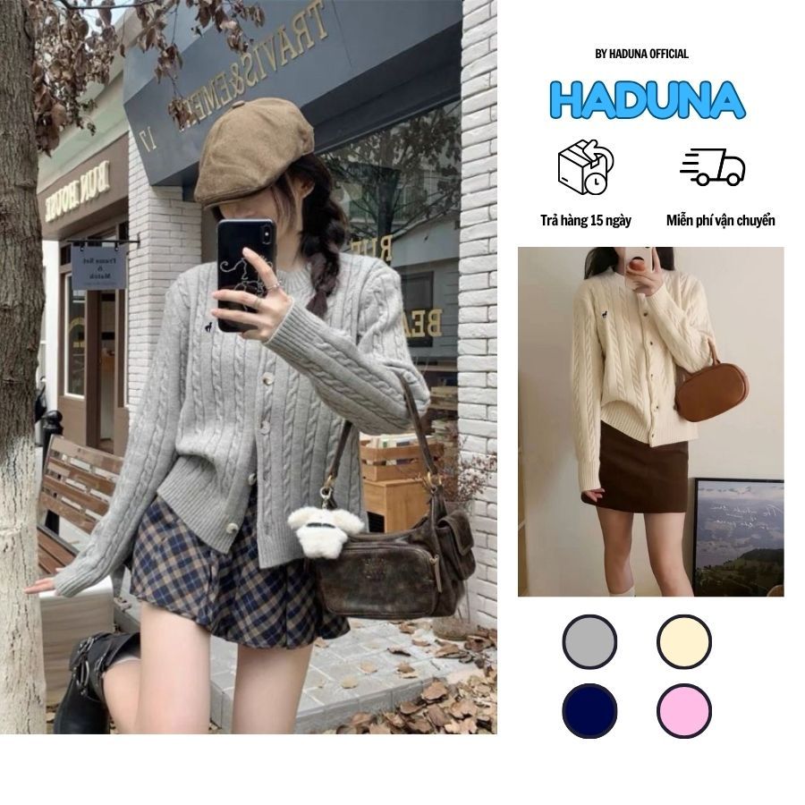    Sẵn   Áo Khoác Cardigan Len Vặn Thừng Khuy To Thêu Họa Tiết Con Ngựa Thời Trang Cho Nữ HADUNA 
