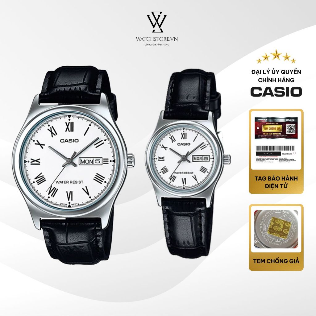 Đồng Hồ Đôi V006L-7BUDF Quartz Kính Khoáng Mặt Trắng Dây Da Vỏ Kim Loại Không Gỉ Chống Nước Chính Hãng CASIO