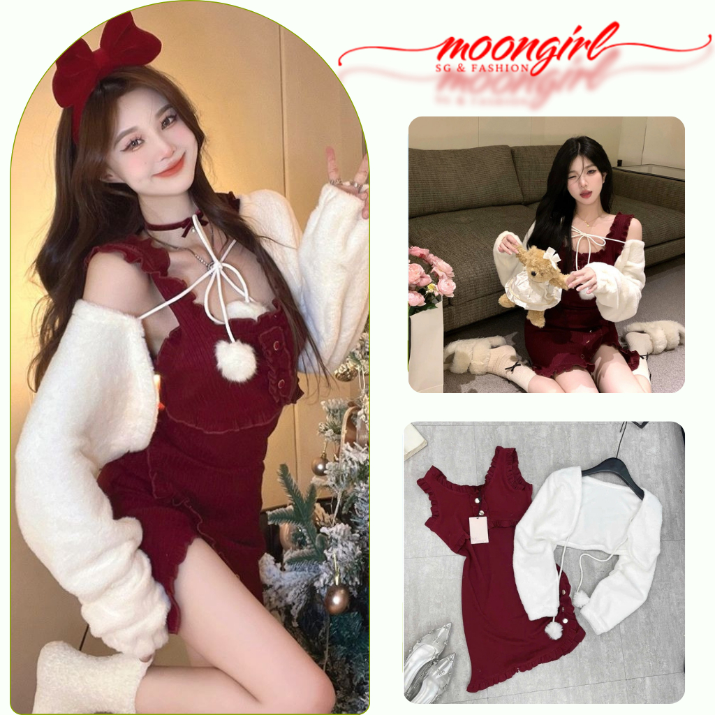 Set váy len đỏ áo khoác lông croptop đính cầu lông mix với váy 2 dây viền bèo  thiết kế chéo vạt đi 