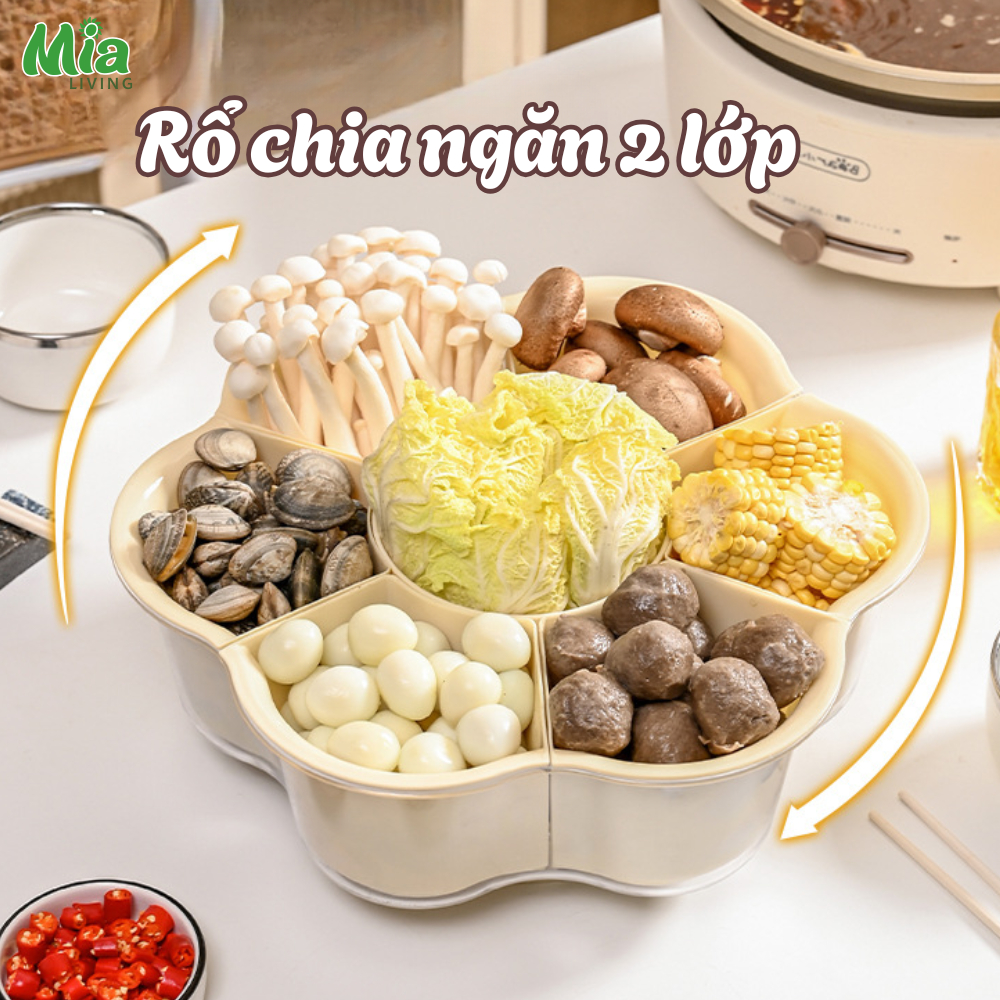 Rổ Đựng Rau Lẩu,Khay Bánh Mứt Kẹo Tết 2026 MIA,Khay Đựng Đồ Lẩu 6 Ngăn Đế Xoay 360độ hình hoa đẹpmắt