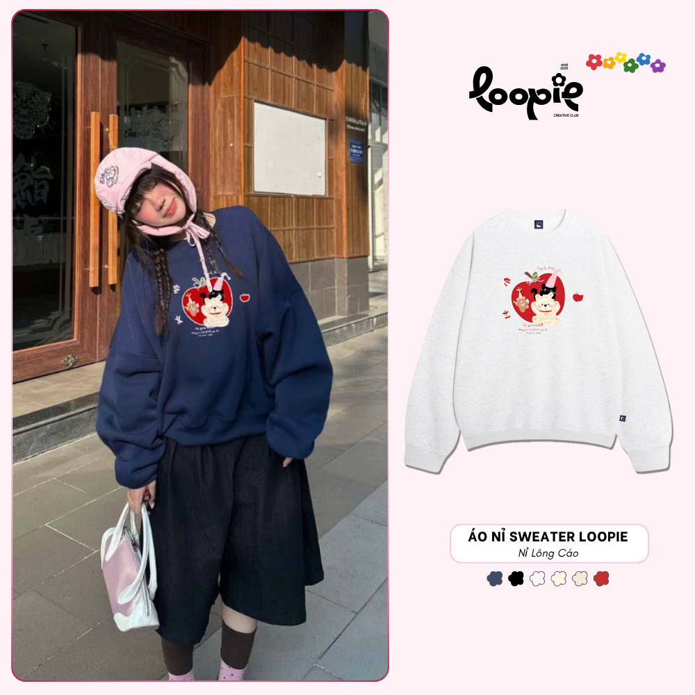 Áo Sweater LOOPIE CLUB BST146 Hình Quả Táo Đỏ - Áo Nỉ Lông Cáo Dày Dặn Aesthetic Outfit
