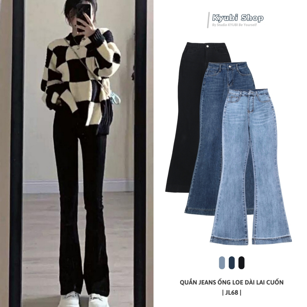 Quần jean ống loe vừa KYUBI, quần bò ống loe lưng cao co giãn 4 chiều chất vải cao cấp dày dặn - JL68