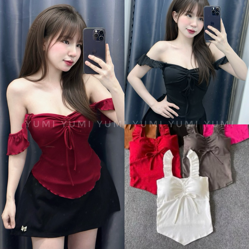 Y1722 [YUMI] Áo Hai Dây Cánh Tiên Dây Rút - Mặc 2 Kiểu Áo Trễ Vai tay Cánh Tiên | BigBuy360 - bigbuy360.vn