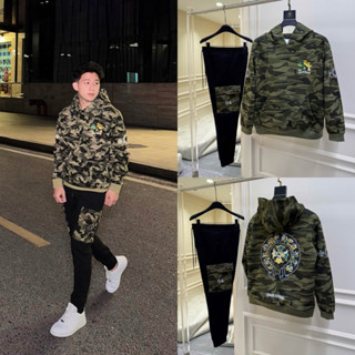  Đồ bộ nam dài tay thu đông PB nỉ bông áo hoodie in logo chữ thập loang rằn ri phối quần túi hộp BD84P 