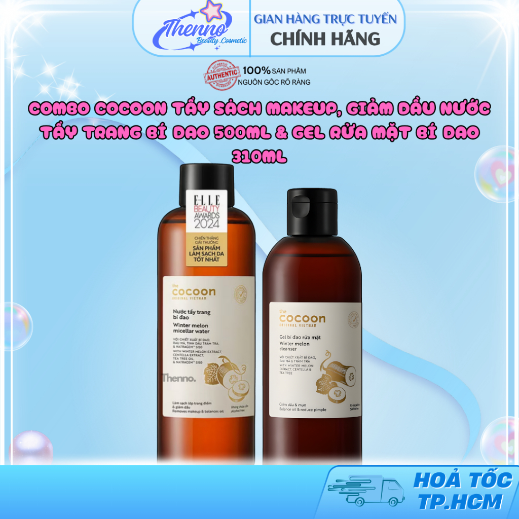Combo Cocoon Tẩy Sạch Makeup, Giảm Dầu Nước Tẩy Trang Bí Đao 500ml & Gel Rửa Mặt Bí Đao 310ml
