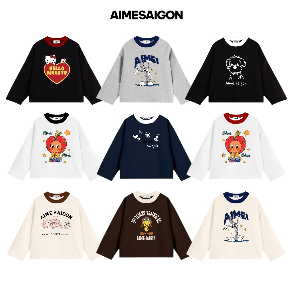 [Ver3] Áo Thun Tay Dài Long Sleeve Boxy AIMÉ Form Rộng Cổ Tròn " PHỐI CỔ HOẠT HÌNH " Unisex Nam Nữ Basic | BigBuy360 - bigbuy360.vn