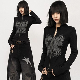  SẴN Áo thun có khóa màu đen in hình y2k màu xám cá tính dài tay chiết eo cá tính đường phố retro girl 