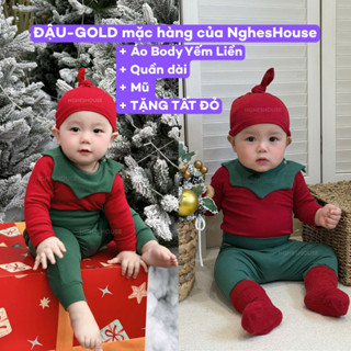   TẶNG TẤT  Bộ Quần Áo Noel Đỏ Xanh Kèm Mũ Chất Thun Hàn Cực Xinh Dành Cho Bé Trai Bé Gái NO3 