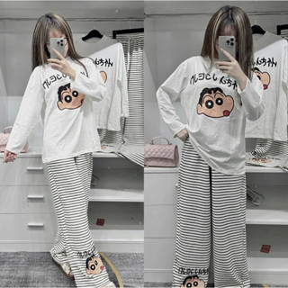  Set Bộ Tay dài cổ tròn In hoạt hình shin Bút chì kèm quần xuông sọc dài Dành cho Nữ 