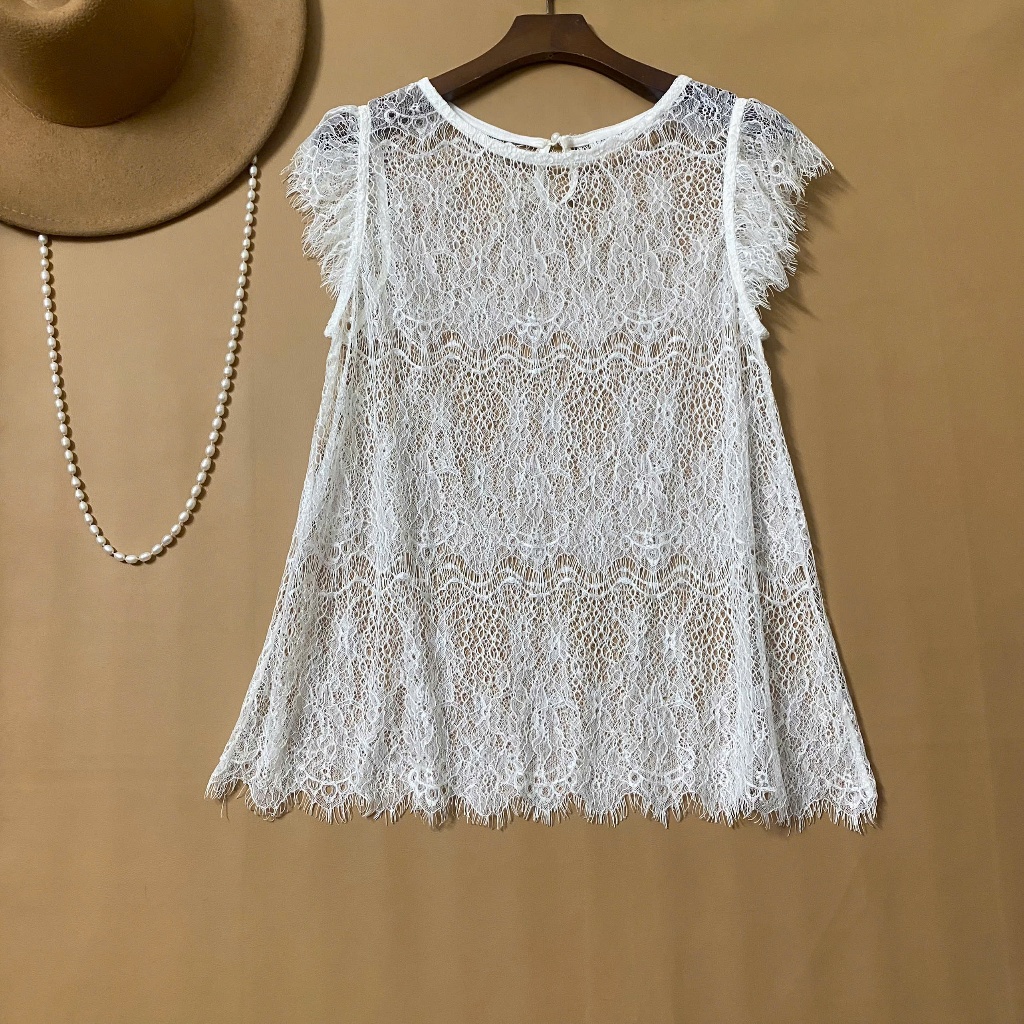 Áo Kiểu Ren Trắng Cao Cấp Tay Ngắn Phối Layer Cực Đẹp, Chất Ren Mềm, Gợi Cảm & Thanh Lịch