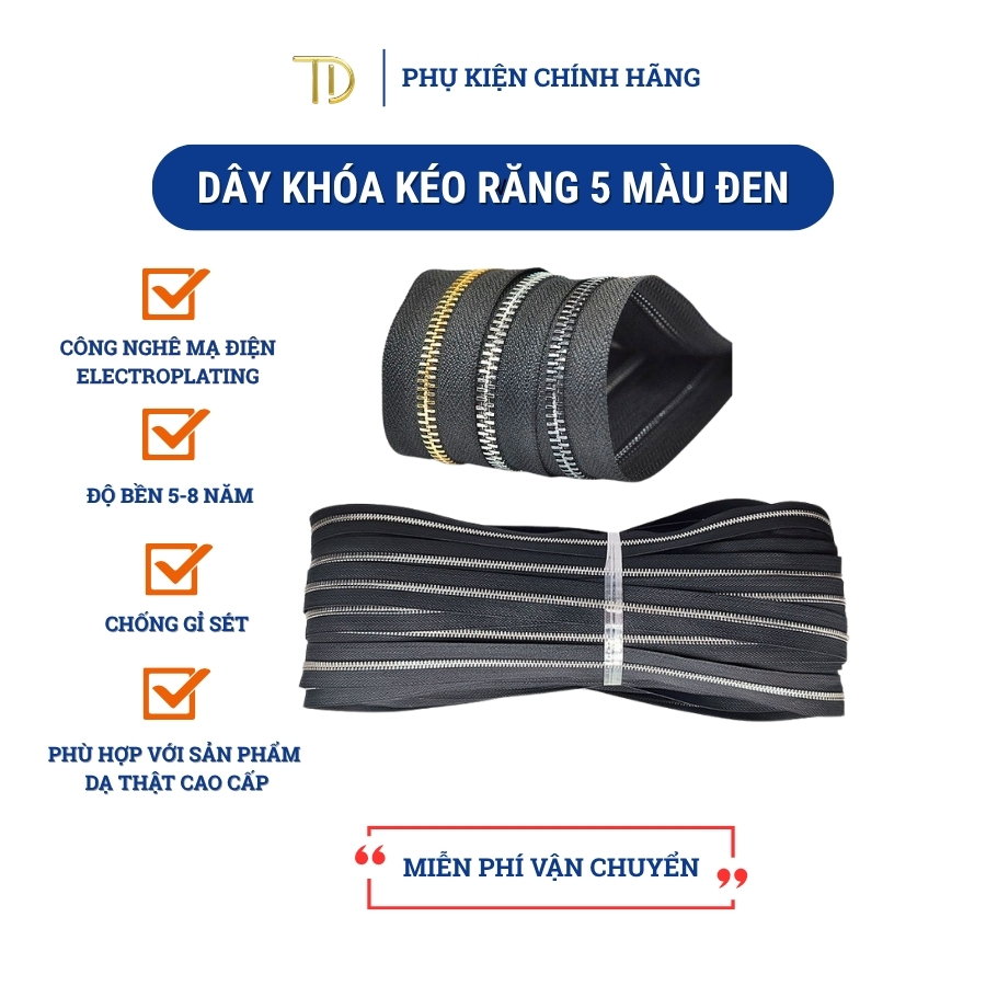 Dây khóa kéo kim loại, dây khóa kéo răng 5, răng 3 màu đen độ bền cao dùng cho quần áo, túi xách