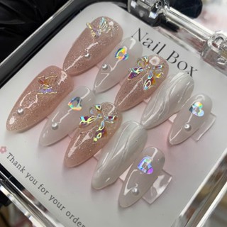  SP006 Nail Box Nơ Lụa Xoắn Đính Đá Hồng Thạch Ombre Nhũ Bạc | Móng Úp Giả Thiết Kế Dài Cao Cấp 