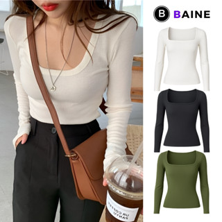  Áo Thun TAY DÀI DÁNG DÀI CỔ U Trơn Nữ Chất Thun Gân BM234 Áo Babytee Cổ Vuông Ôm Body Kiểu Basic Hàn Quốc BAINE 