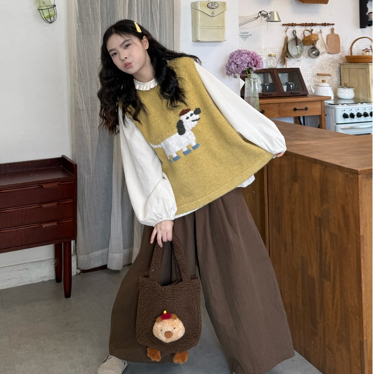 Áo gile len nữ thêu cún vàng vintage, gile len nữ phối sơ mi và quần nâu form rộng 4488