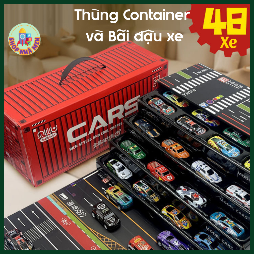 Hộp 48 Xe Ô Tô Đồ Chơi Hộp Container Có Bãi Đỗ Xe Xe Container Thùng Xe Ô Tô Hợp Kim Chạy Đà Kéo Lui
