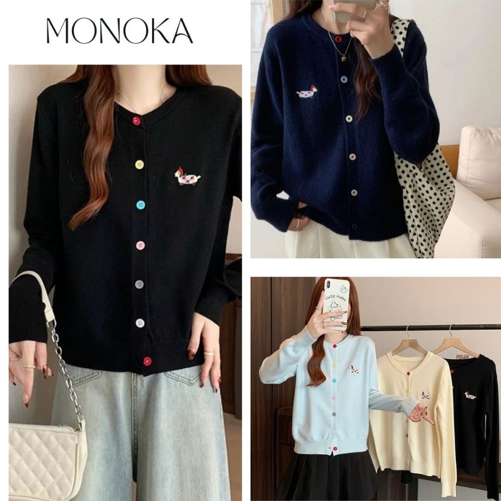 ( Quảng Châu) Áo len cardigan cúc nhiều màu thêu gấu nữ tính dài tay Áo khoác mỏng thu đông basic dễ thương trẻ T1425G | BigBuy360 - bigbuy360.vn