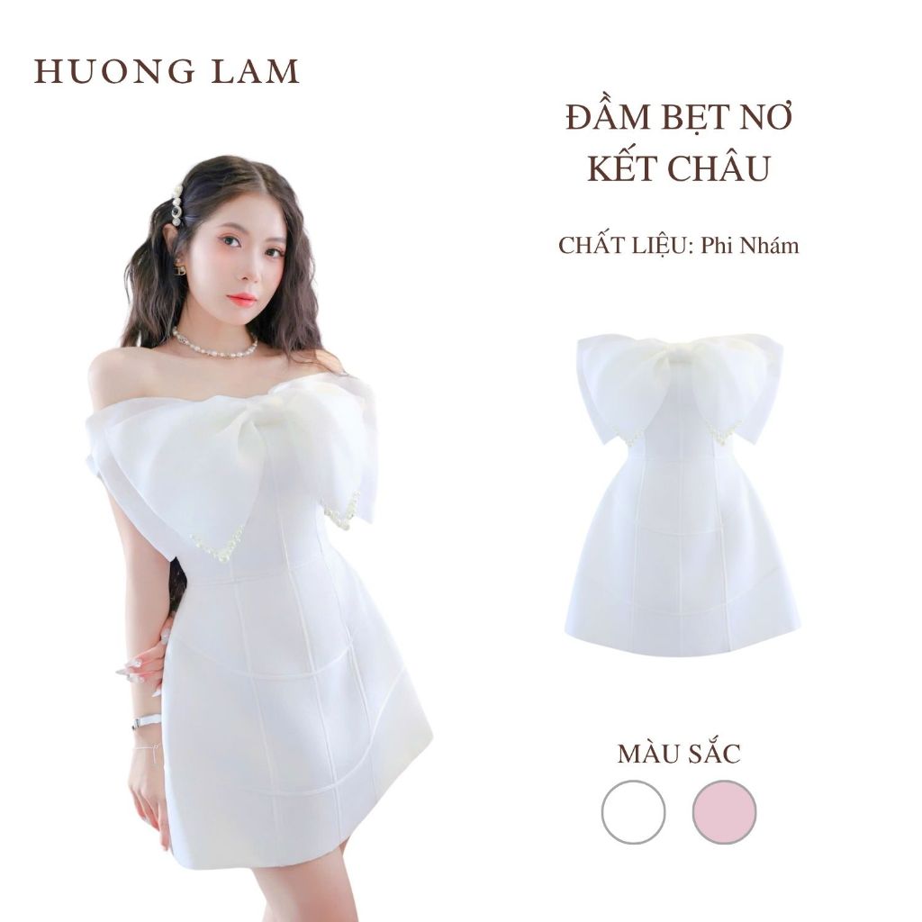 Đầm Nữ Trễ Vai Dáng Ngắn Phối Nơ Trước Ngực Hương Lâm Clothing, Đầm Dự Tiệc Sang Trọng QHL0030
