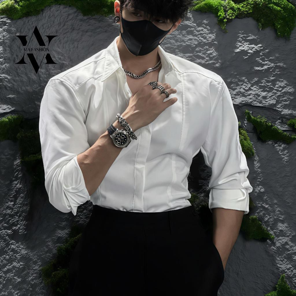 Áo Sơ mi nam tay dài DOZIA Viền Thân Form Hack Vai Cotton Chéo Nam Giấu Cúc Thoáng Mát