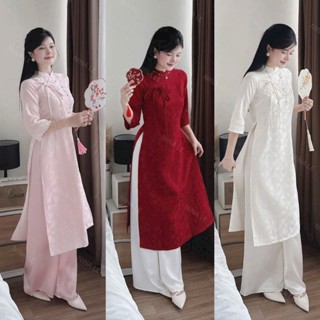  Set áo dài thời trang nữ mặc đi chụp hình chúc tết cực xinh chất gấm tapta tay lỡ cổ tàu cột nơ phối quần tuyết nhung 