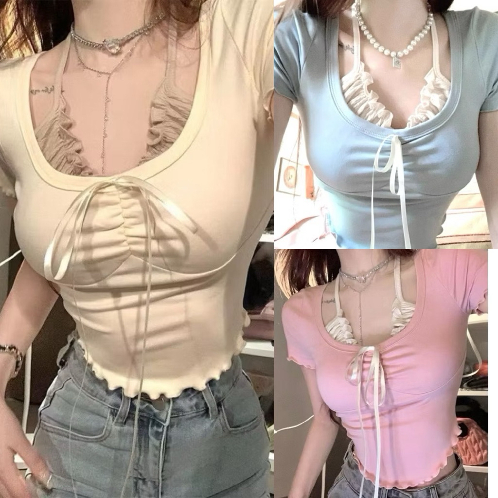 ÁO CROPTOP PHỐI YẾM ĐÍNH NƠ XINH ĐẸP CHẤT THUN TĂM H99