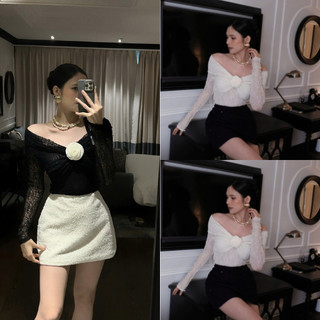  DAY CHIC -Set áo trễ vai hoa nổi phối chân váy đen sang trọng 