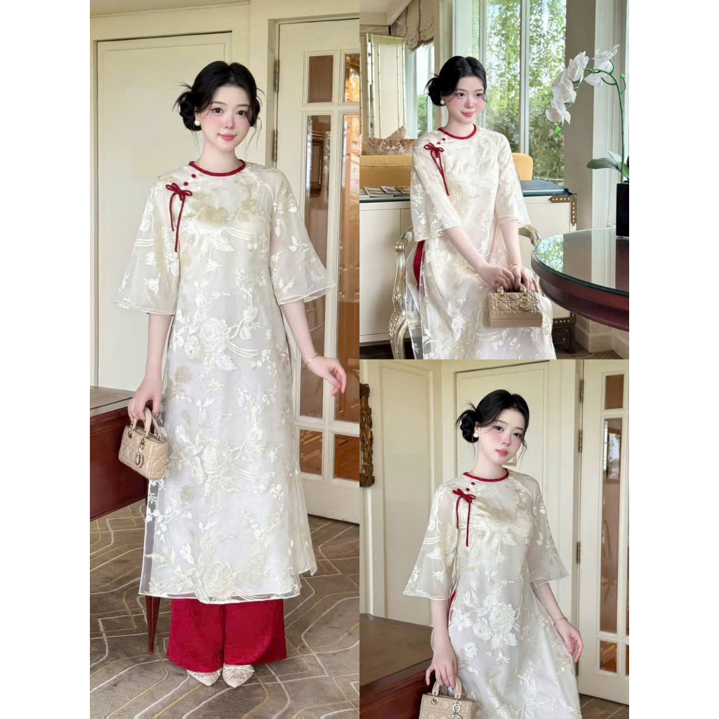 Set áo dài thời trang nữ thiết kế đơn giản vải tơ với họa tiết thêu sắc sảo tay lỡ cổ tròn đính nút 