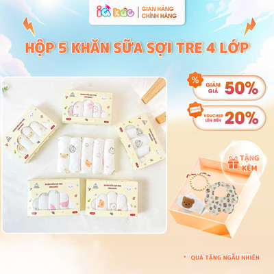 Hộp 5 Khăn Sữa Sợi Tre Organic IQKAO 4 Lớp Siêu Mềm Mịn Kháng Khuẩn Thấm Hút Tốt Không Xù Lông An Toàn Cho Bé Sơ Sinh