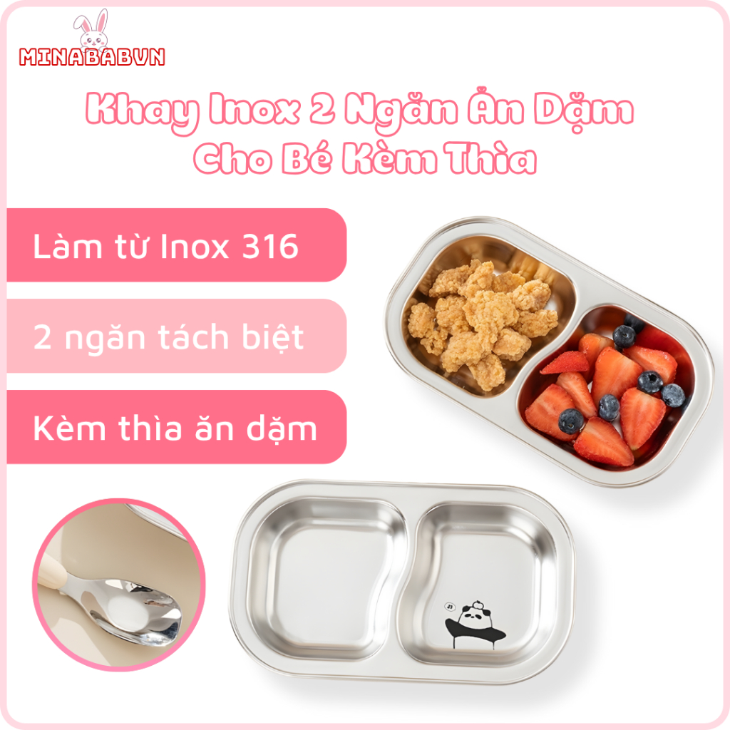 Khay Inox 2 Ngăn Ăn Dặm Cho Bé Kèm Thìa , Khay Ăn Dặm Chất Liệu Inox 316 Cao Cấp