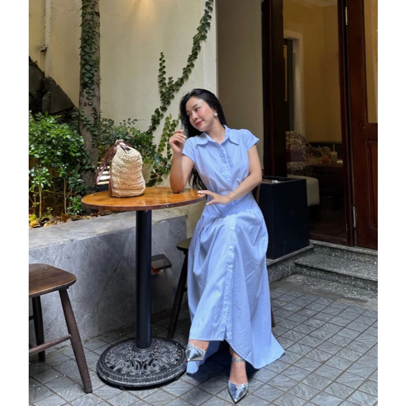 [MIO LADY] Pass Váy Sơ Mi Sọc Dáng Dài Nữ, Tùng Xếp Ly, Thắt Chất Thô Cotton - Miolady (SỌC XANH - S